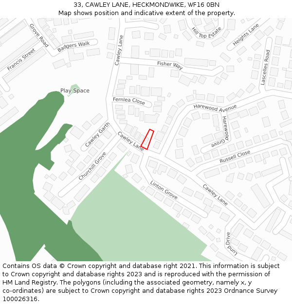 33, CAWLEY LANE, HECKMONDWIKE, WF16 0BN: Location map and indicative extent of plot
