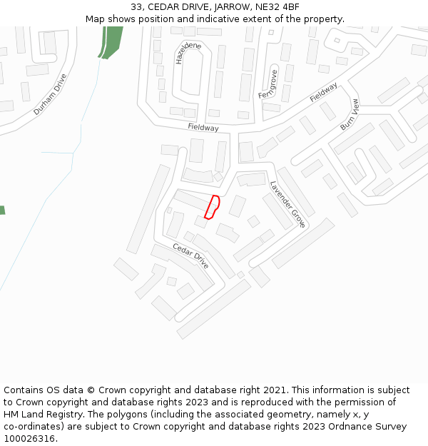 33, CEDAR DRIVE, JARROW, NE32 4BF: Location map and indicative extent of plot