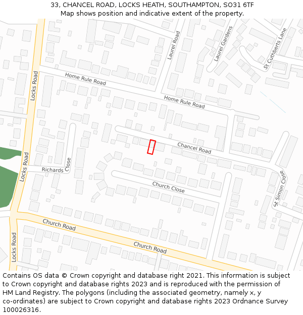 33, CHANCEL ROAD, LOCKS HEATH, SOUTHAMPTON, SO31 6TF: Location map and indicative extent of plot