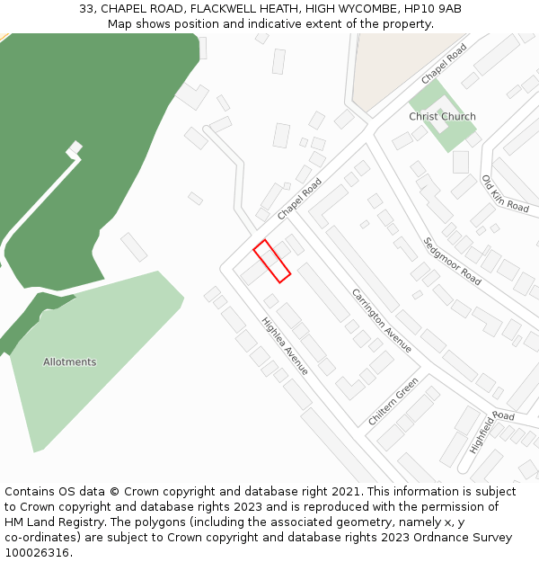 33, CHAPEL ROAD, FLACKWELL HEATH, HIGH WYCOMBE, HP10 9AB: Location map and indicative extent of plot