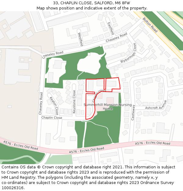 33, CHAPLIN CLOSE, SALFORD, M6 8FW: Location map and indicative extent of plot