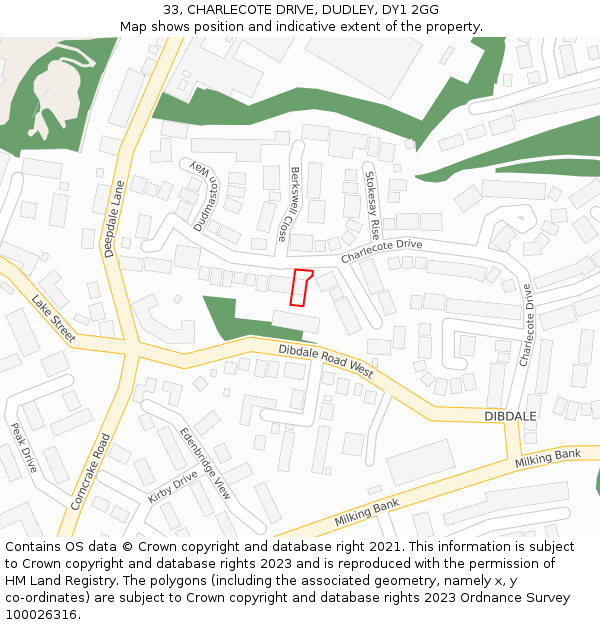 33, CHARLECOTE DRIVE, DUDLEY, DY1 2GG: Location map and indicative extent of plot