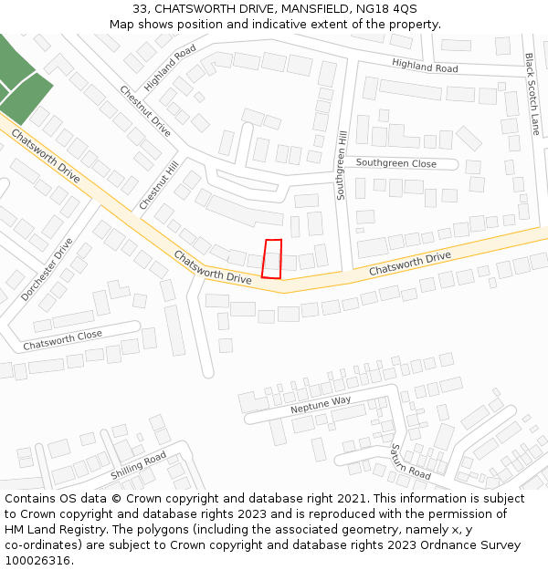 33, CHATSWORTH DRIVE, MANSFIELD, NG18 4QS: Location map and indicative extent of plot