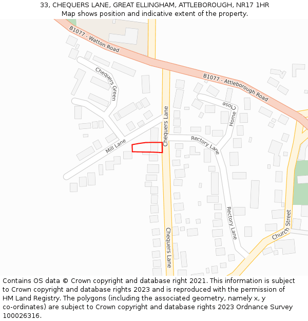 33, CHEQUERS LANE, GREAT ELLINGHAM, ATTLEBOROUGH, NR17 1HR: Location map and indicative extent of plot