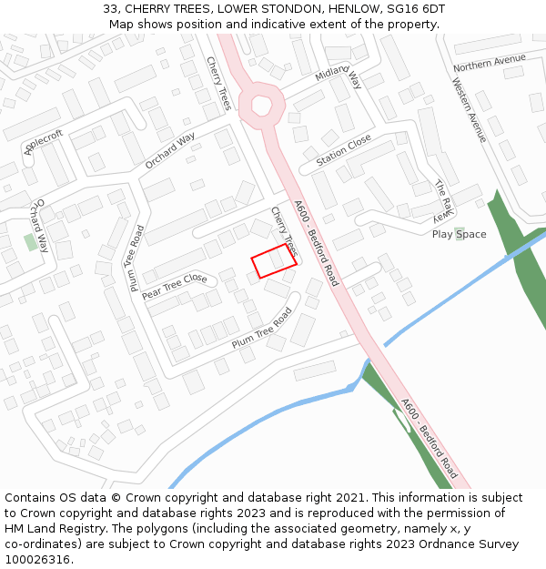 33, CHERRY TREES, LOWER STONDON, HENLOW, SG16 6DT: Location map and indicative extent of plot