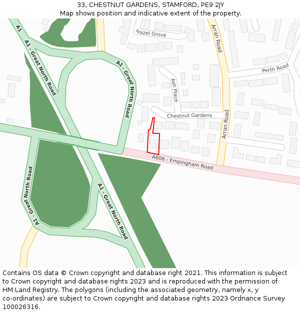 33, CHESTNUT GARDENS, STAMFORD, PE9 2JY: Location map and indicative extent of plot