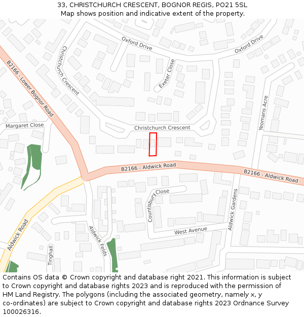 33, CHRISTCHURCH CRESCENT, BOGNOR REGIS, PO21 5SL: Location map and indicative extent of plot