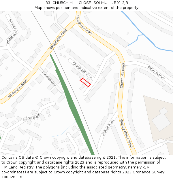 33, CHURCH HILL CLOSE, SOLIHULL, B91 3JB: Location map and indicative extent of plot