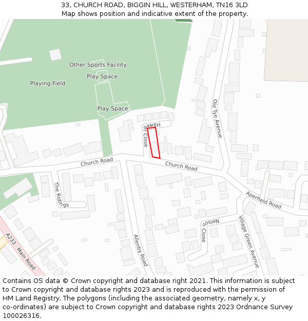 33, CHURCH ROAD, BIGGIN HILL, WESTERHAM, TN16 3LD: Location map and indicative extent of plot