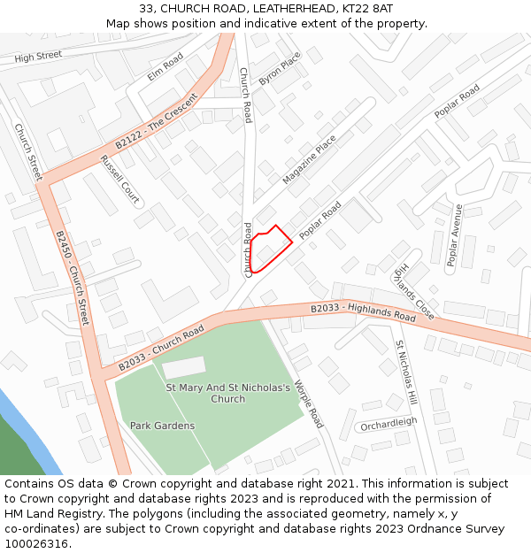 33, CHURCH ROAD, LEATHERHEAD, KT22 8AT: Location map and indicative extent of plot