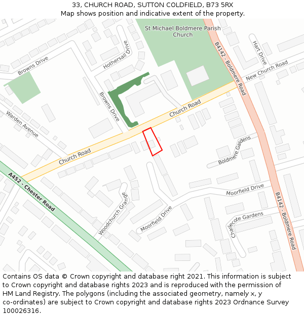 33, CHURCH ROAD, SUTTON COLDFIELD, B73 5RX: Location map and indicative extent of plot