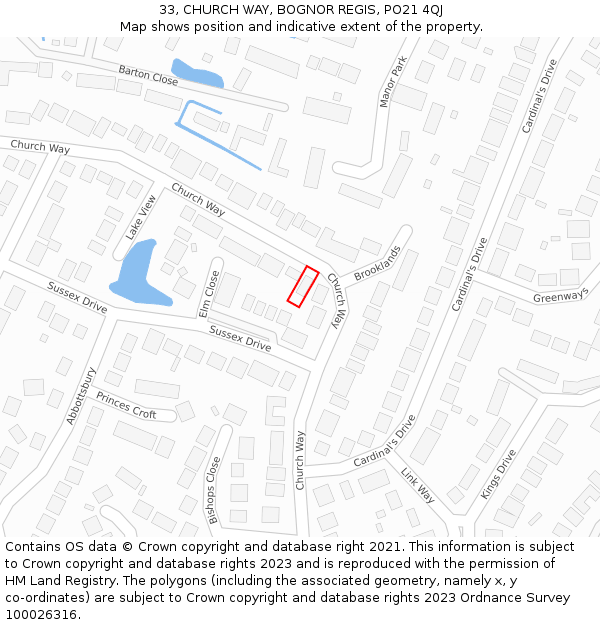 33, CHURCH WAY, BOGNOR REGIS, PO21 4QJ: Location map and indicative extent of plot