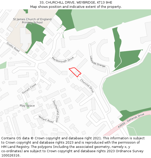 33, CHURCHILL DRIVE, WEYBRIDGE, KT13 9HE: Location map and indicative extent of plot