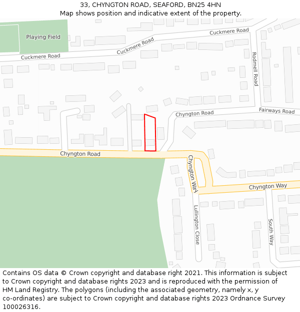 33, CHYNGTON ROAD, SEAFORD, BN25 4HN: Location map and indicative extent of plot