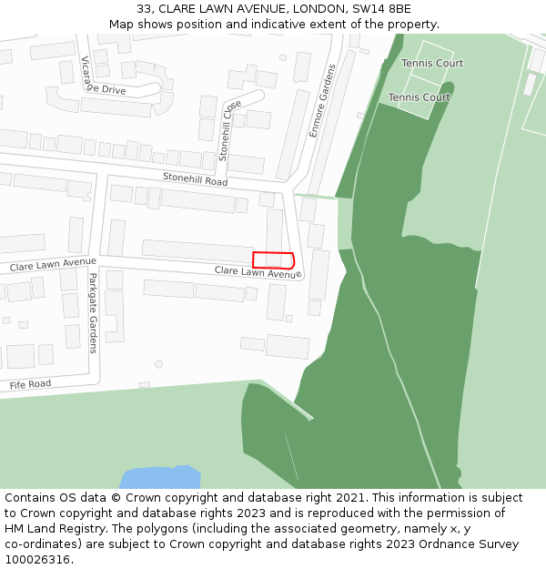 33, CLARE LAWN AVENUE, LONDON, SW14 8BE: Location map and indicative extent of plot