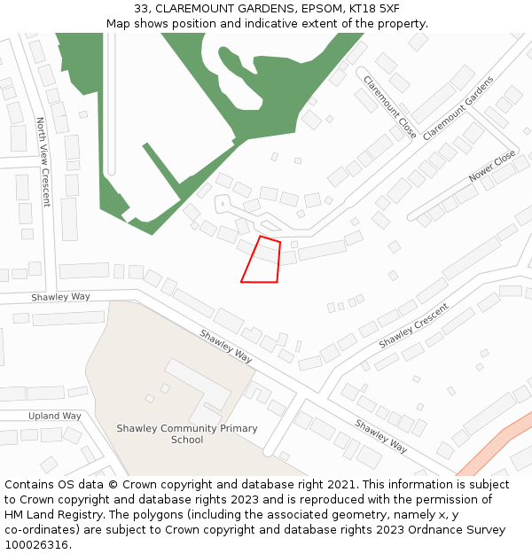 33, CLAREMOUNT GARDENS, EPSOM, KT18 5XF: Location map and indicative extent of plot