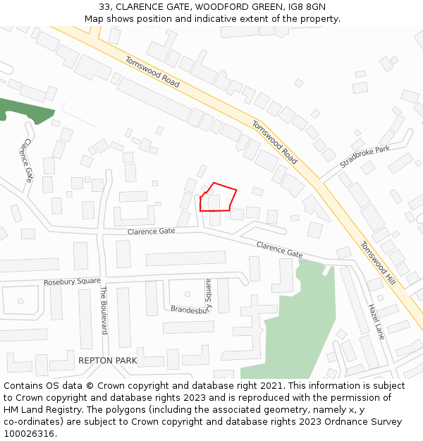 33, CLARENCE GATE, WOODFORD GREEN, IG8 8GN: Location map and indicative extent of plot