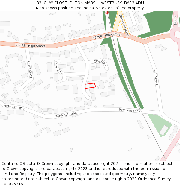 33, CLAY CLOSE, DILTON MARSH, WESTBURY, BA13 4DU: Location map and indicative extent of plot