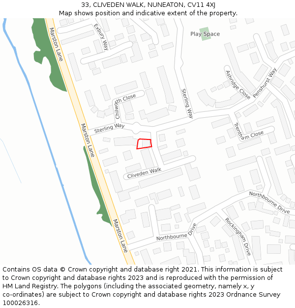 33, CLIVEDEN WALK, NUNEATON, CV11 4XJ: Location map and indicative extent of plot