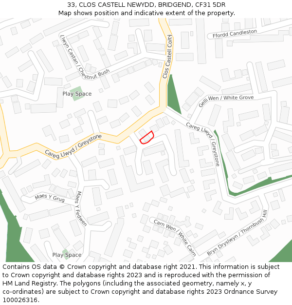33, CLOS CASTELL NEWYDD, BRIDGEND, CF31 5DR: Location map and indicative extent of plot