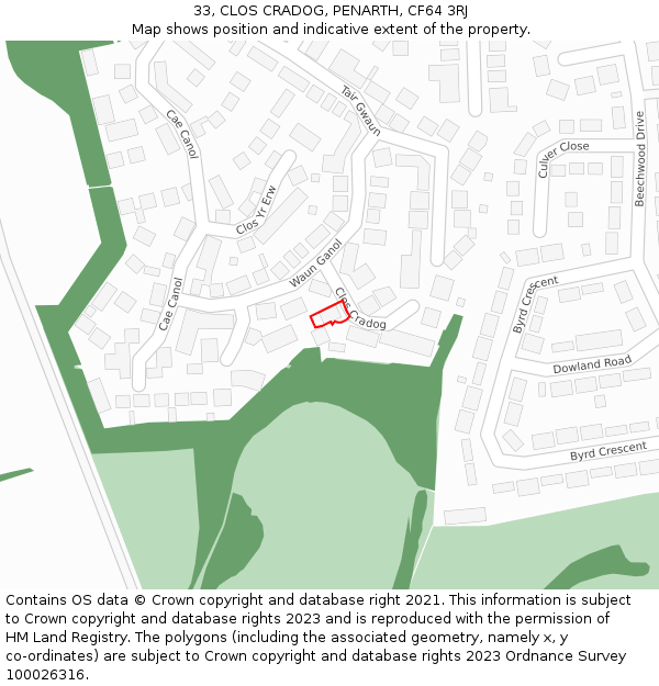 33, CLOS CRADOG, PENARTH, CF64 3RJ: Location map and indicative extent of plot