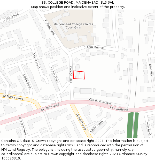 33, COLLEGE ROAD, MAIDENHEAD, SL6 6AL: Location map and indicative extent of plot