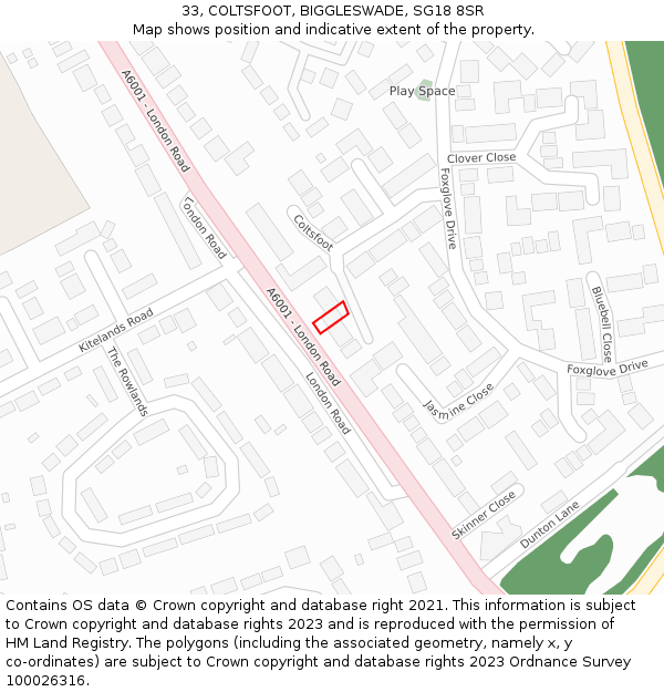 33, COLTSFOOT, BIGGLESWADE, SG18 8SR: Location map and indicative extent of plot