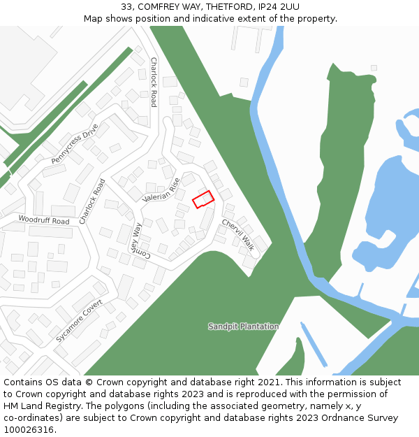 33, COMFREY WAY, THETFORD, IP24 2UU: Location map and indicative extent of plot