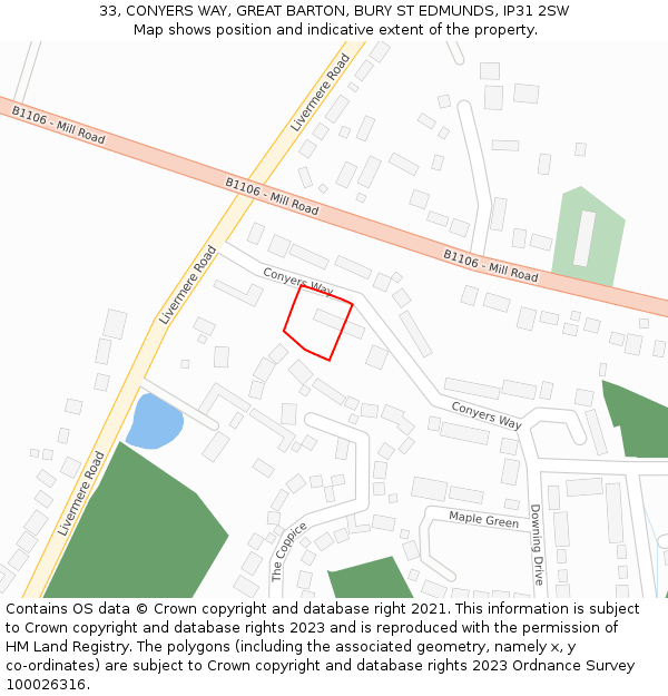 33, CONYERS WAY, GREAT BARTON, BURY ST EDMUNDS, IP31 2SW: Location map and indicative extent of plot
