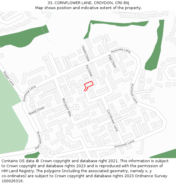 33, CORNFLOWER LANE, CROYDON, CR0 8XJ: Location map and indicative extent of plot