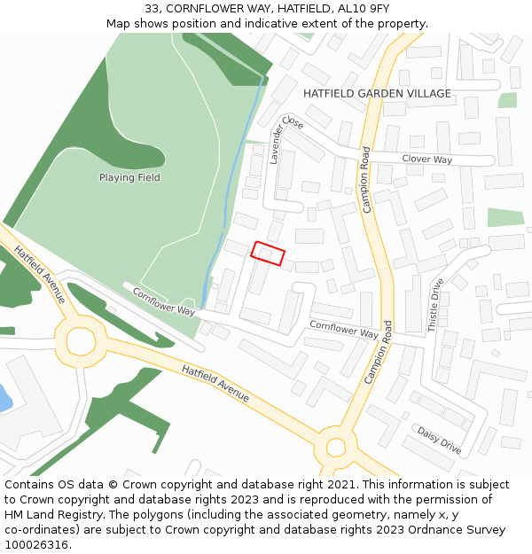 33, CORNFLOWER WAY, HATFIELD, AL10 9FY: Location map and indicative extent of plot