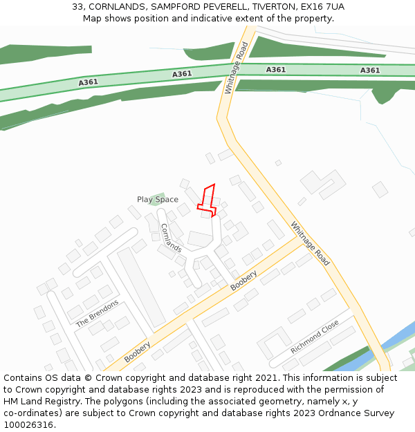 33, CORNLANDS, SAMPFORD PEVERELL, TIVERTON, EX16 7UA: Location map and indicative extent of plot