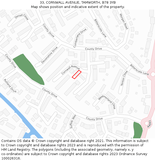 33, CORNWALL AVENUE, TAMWORTH, B78 3YB: Location map and indicative extent of plot