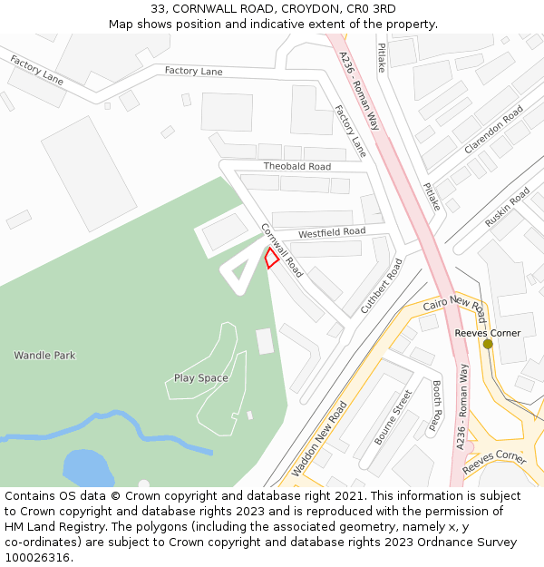 33, CORNWALL ROAD, CROYDON, CR0 3RD: Location map and indicative extent of plot