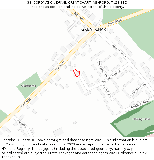 33, CORONATION DRIVE, GREAT CHART, ASHFORD, TN23 3BD: Location map and indicative extent of plot