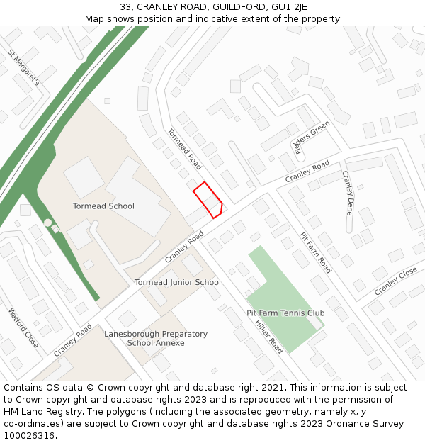 33, CRANLEY ROAD, GUILDFORD, GU1 2JE: Location map and indicative extent of plot