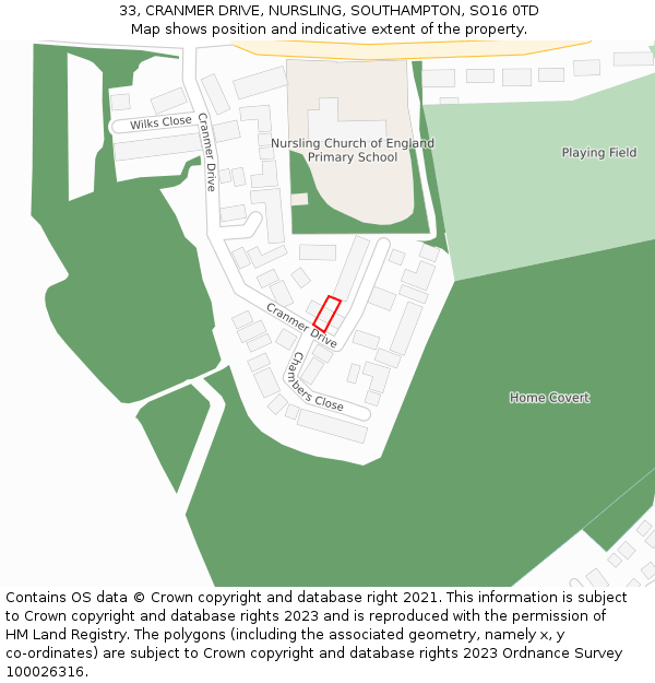 33, CRANMER DRIVE, NURSLING, SOUTHAMPTON, SO16 0TD: Location map and indicative extent of plot