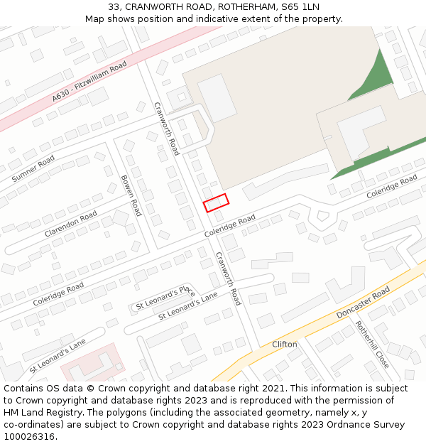 33, CRANWORTH ROAD, ROTHERHAM, S65 1LN: Location map and indicative extent of plot