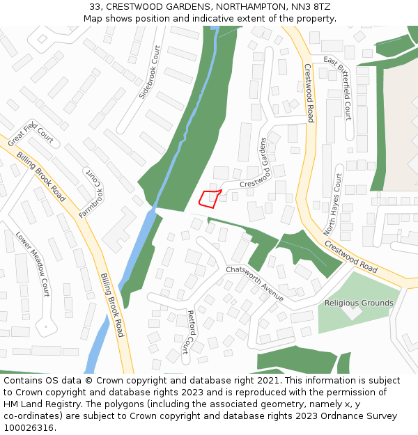 33, CRESTWOOD GARDENS, NORTHAMPTON, NN3 8TZ: Location map and indicative extent of plot