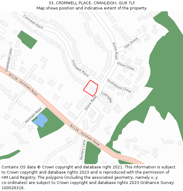 33, CROMWELL PLACE, CRANLEIGH, GU6 7LF: Location map and indicative extent of plot