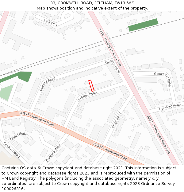 33, CROMWELL ROAD, FELTHAM, TW13 5AS: Location map and indicative extent of plot
