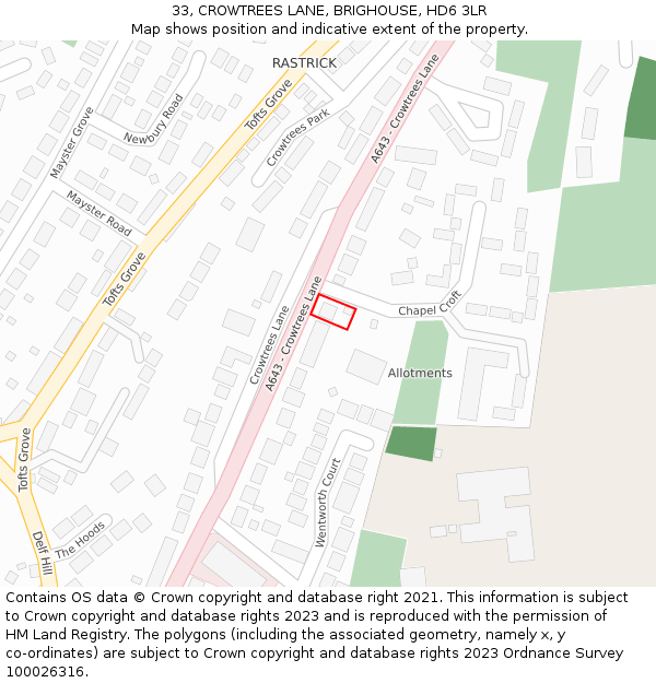 33, CROWTREES LANE, BRIGHOUSE, HD6 3LR: Location map and indicative extent of plot