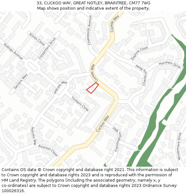 33, CUCKOO WAY, GREAT NOTLEY, BRAINTREE, CM77 7WG: Location map and indicative extent of plot