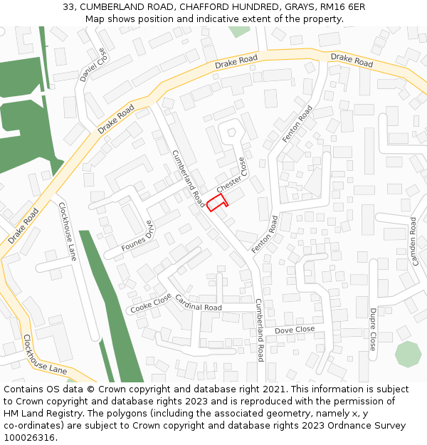 33, CUMBERLAND ROAD, CHAFFORD HUNDRED, GRAYS, RM16 6ER: Location map and indicative extent of plot