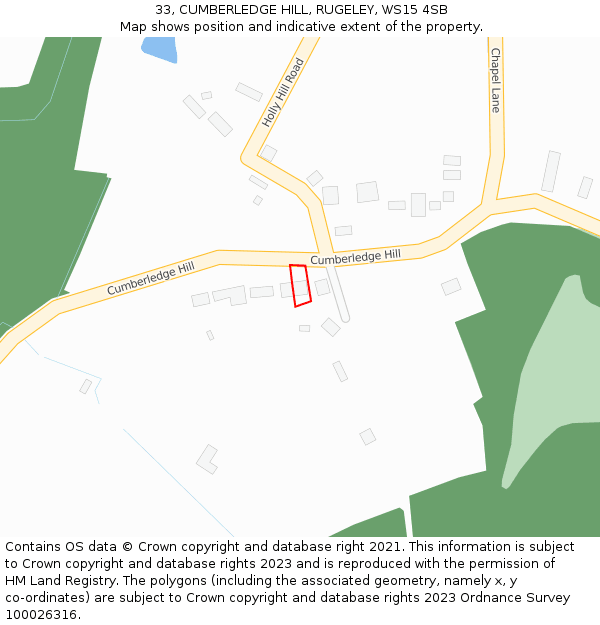 33, CUMBERLEDGE HILL, RUGELEY, WS15 4SB: Location map and indicative extent of plot