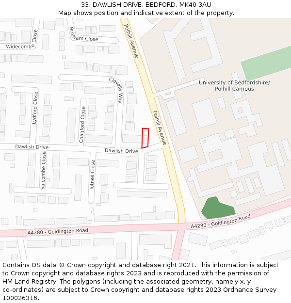 33, DAWLISH DRIVE, BEDFORD, MK40 3AU: Location map and indicative extent of plot