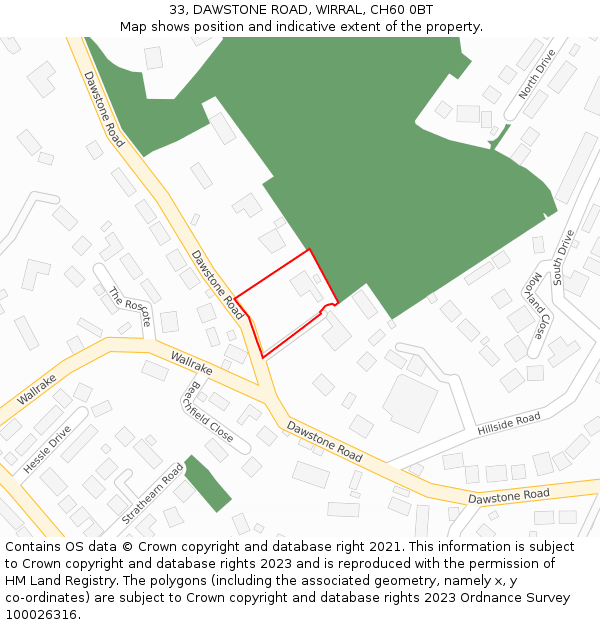 33, DAWSTONE ROAD, WIRRAL, CH60 0BT: Location map and indicative extent of plot