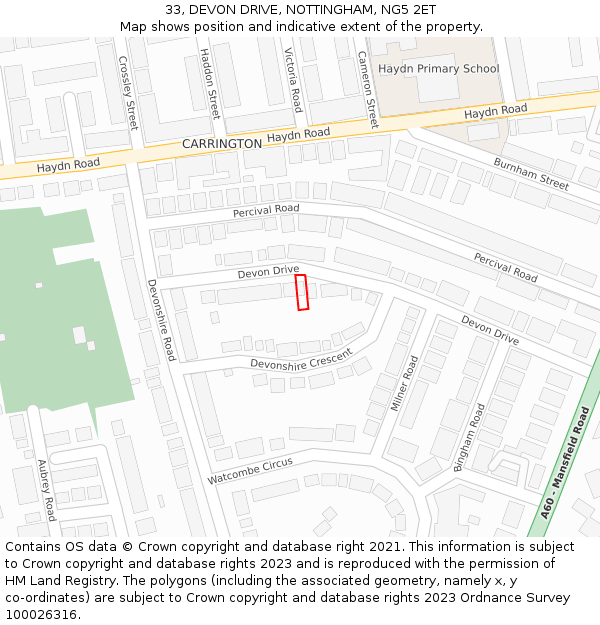 33, DEVON DRIVE, NOTTINGHAM, NG5 2ET: Location map and indicative extent of plot