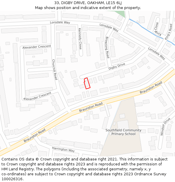 33, DIGBY DRIVE, OAKHAM, LE15 6LJ: Location map and indicative extent of plot