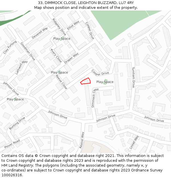 33, DIMMOCK CLOSE, LEIGHTON BUZZARD, LU7 4RY: Location map and indicative extent of plot